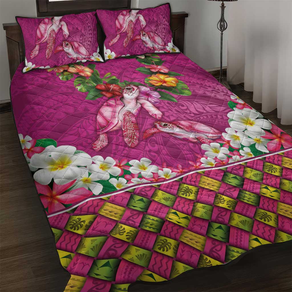 Hawaiian Lei Turtle and Plumeria Quilt Bed Set Polynerian Art Tattoo-Plum Pink Color