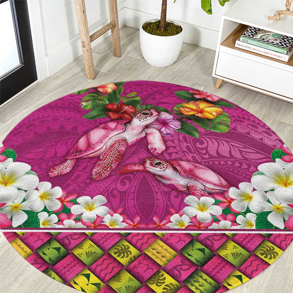 Hawaiian Lei Turtle and Plumeria Round Carpet Polynerian Art Tattoo-Plum Pink Color LT03 Pink - Polynesian Pride