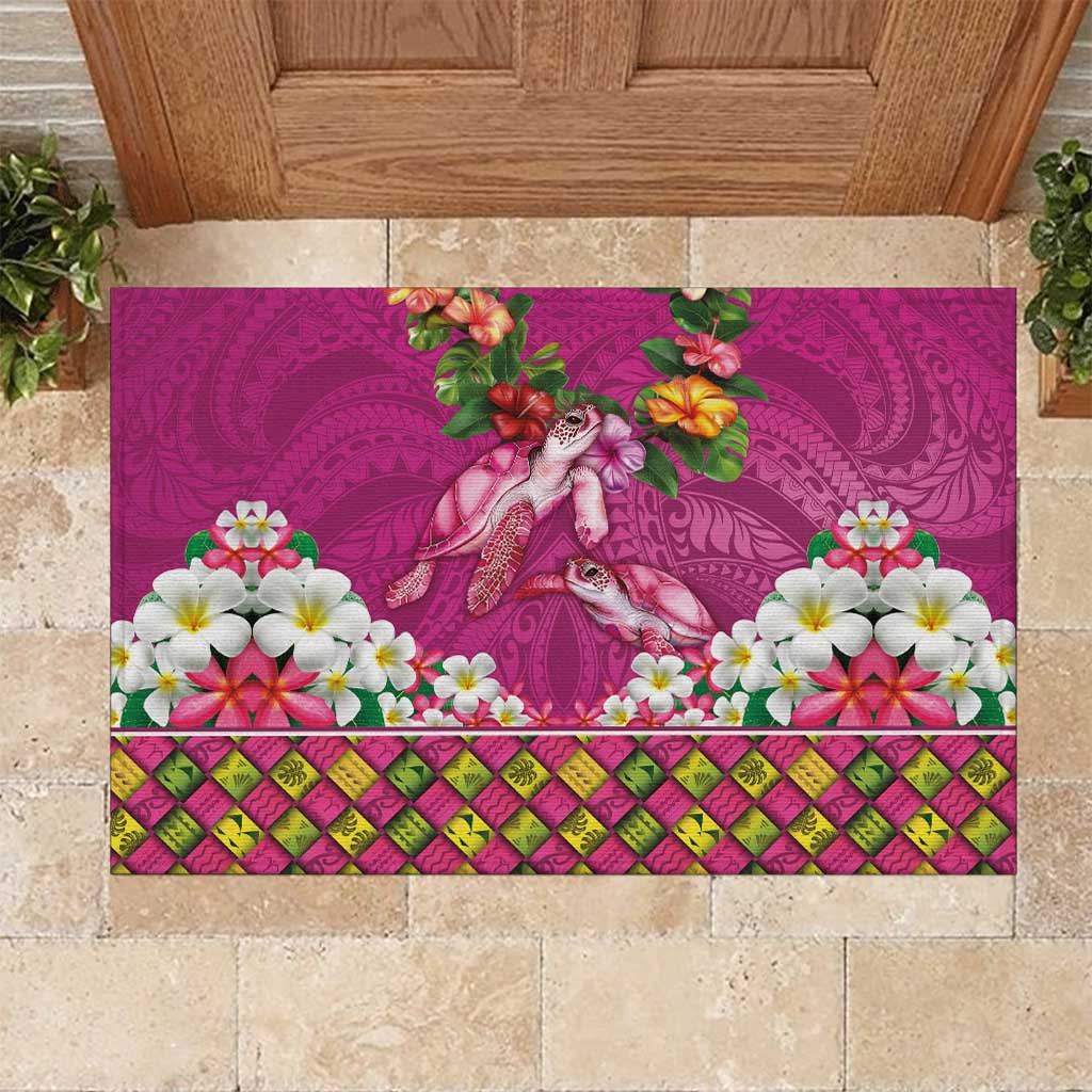 Hawaiian Lei Turtle and Plumeria Rubber Doormat Polynerian Art Tattoo-Plum Pink Color LT03 Pink - Polynesian Pride