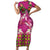 Hawaiian Lei Turtle and Plumeria Short Sleeve Bodycon Dress Polynerian Art Tattoo-Plum Pink Color