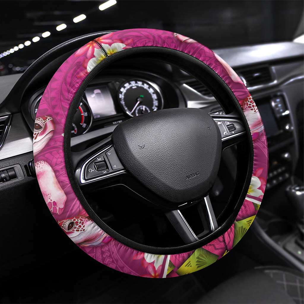 Hawaiian Lei Turtle and Plumeria Steering Wheel Cover Polynerian Art Tattoo-Plum Pink Color LT03 Universal Fit Pink - Polynesian Pride