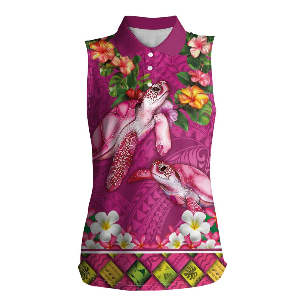 Hawaiian Lei Turtle and Plumeria Women Sleeveless Polo Shirt Polynerian Art Tattoo-Plum Pink Color