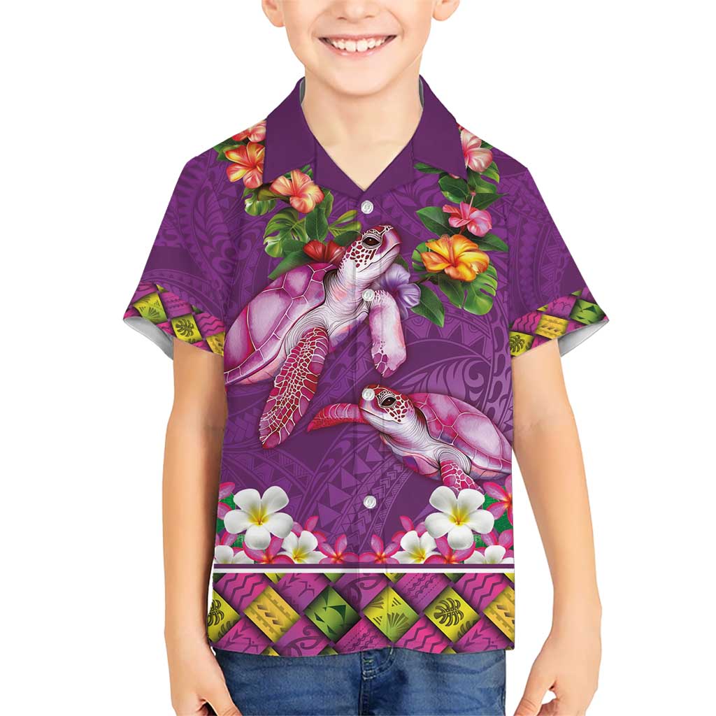 Hawaiian Lei Turtle and Plumeria Kid Hawaiian Shirt Polynerian Art Tattoo-Mauve Color LT03 Kid Purple - Polynesian Pride