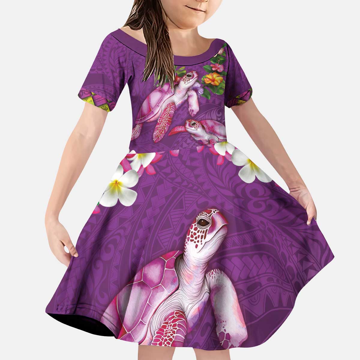 Hawaiian Lei Turtle and Plumeria Kid Short Sleeve Dress Polynerian Art Tattoo-Mauve Color LT03 KID Purple - Polynesian Pride