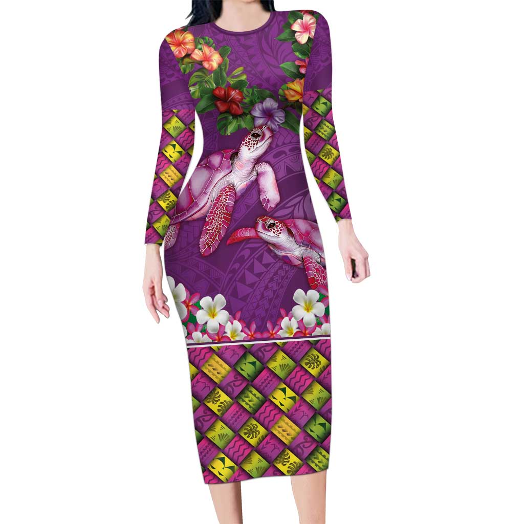 Hawaiian Lei Turtle and Plumeria Long Sleeve Bodycon Dress Polynerian Art Tattoo-Mauve Color