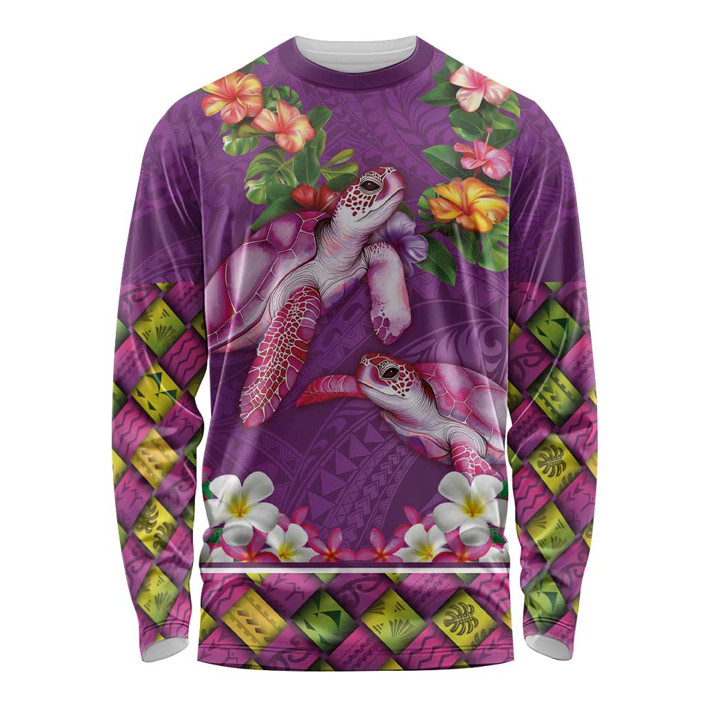 Hawaiian Lei Turtle and Plumeria Long Sleeve Shirt Polynerian Art Tattoo-Mauve Color LT03 Unisex Purple - Polynesian Pride