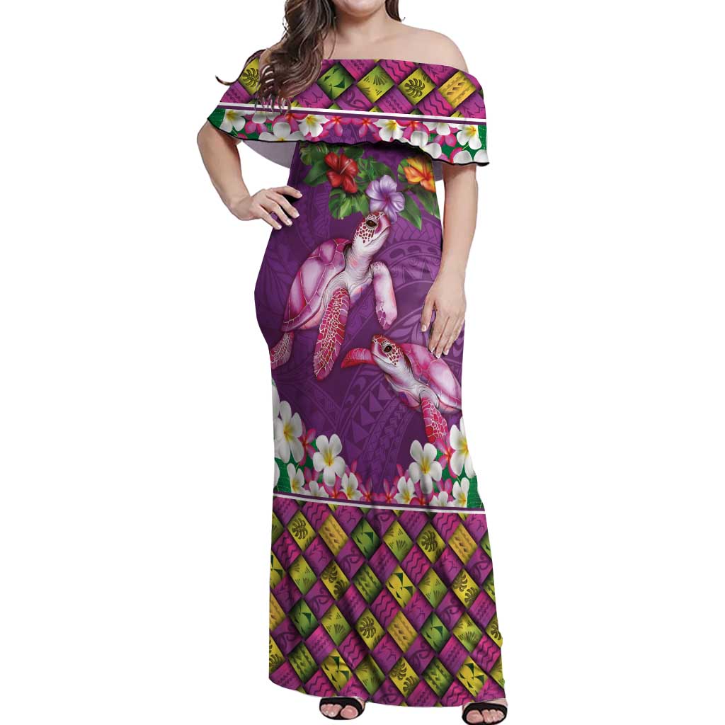 Hawaiian Lei Turtle and Plumeria Off Shoulder Maxi Dress Polynerian Art Tattoo-Mauve Color