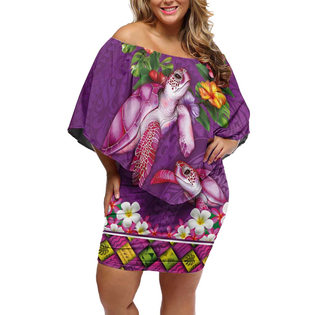 Hawaiian Lei Turtle and Plumeria Off Shoulder Short Dress Polynerian Art Tattoo-Mauve Color LT03 Women Purple - Polynesian Pride