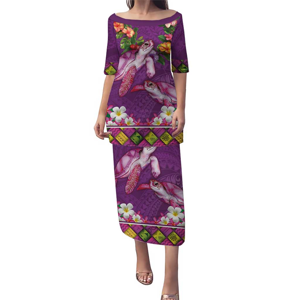 Hawaiian Lei Turtle and Plumeria Puletasi Polynerian Art Tattoo-Mauve Color LT03 Long Dress Purple - Polynesian Pride