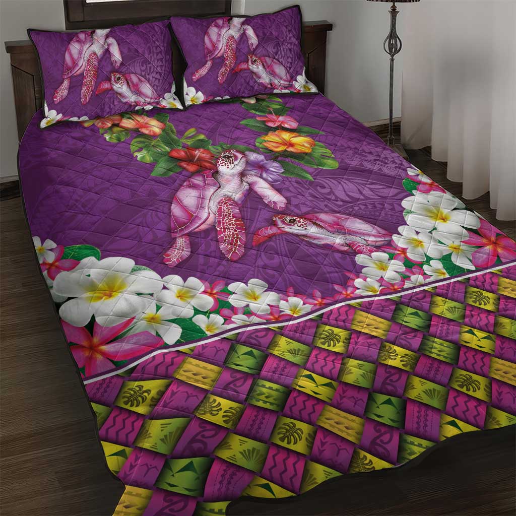 Hawaiian Lei Turtle and Plumeria Quilt Bed Set Polynerian Art Tattoo-Mauve Color