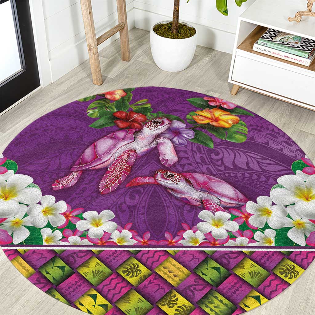 Hawaiian Lei Turtle and Plumeria Round Carpet Polynerian Art Tattoo-Mauve Color LT03 Purple - Polynesian Pride