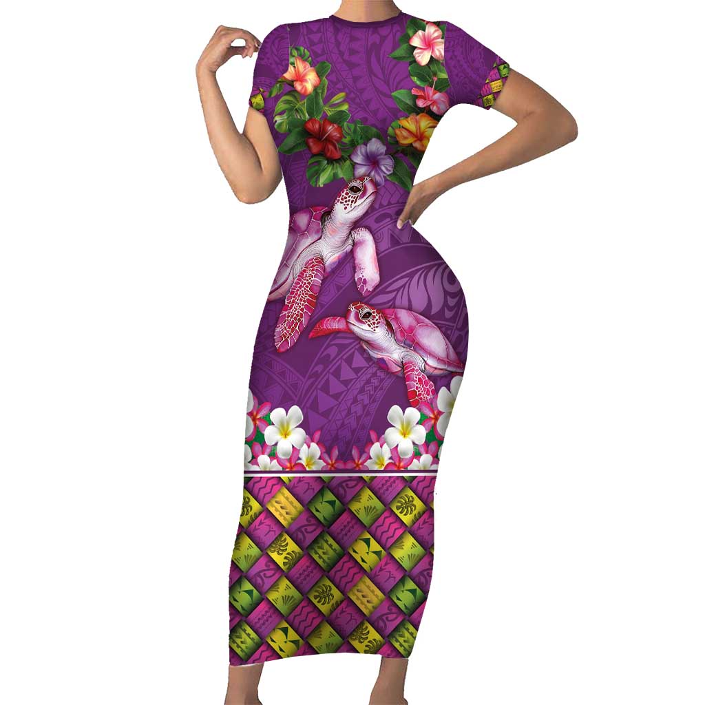 Hawaiian Lei Turtle and Plumeria Short Sleeve Bodycon Dress Polynerian Art Tattoo-Mauve Color