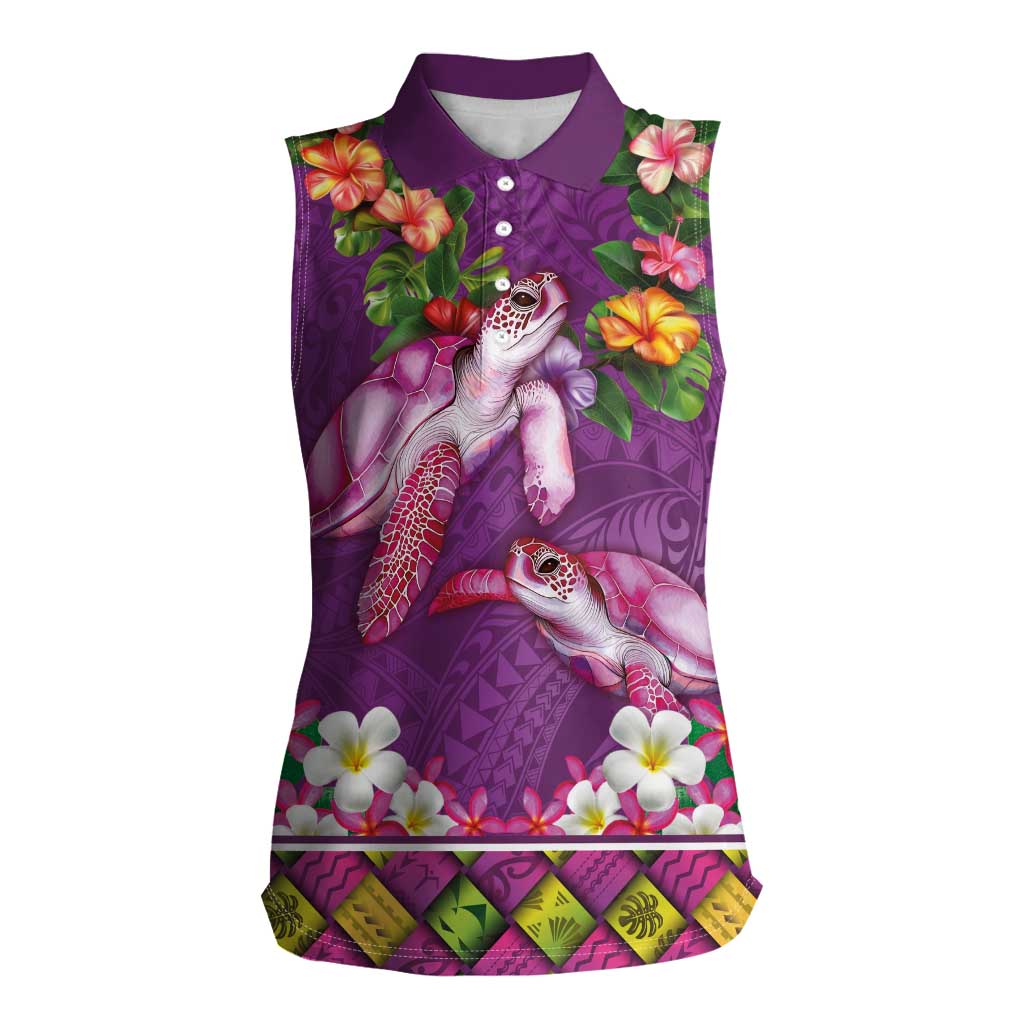 Hawaiian Lei Turtle and Plumeria Women Sleeveless Polo Shirt Polynerian Art Tattoo-Mauve Color