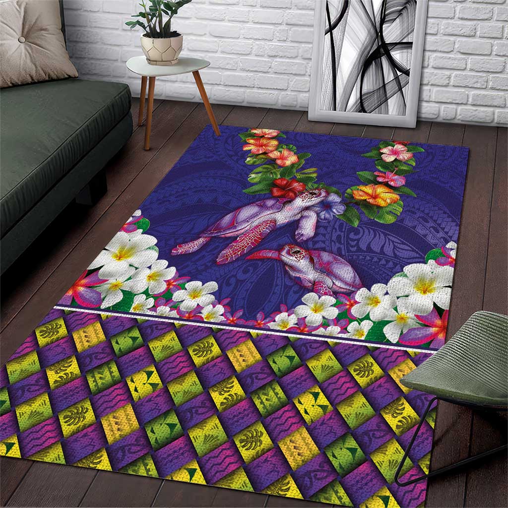 Hawaiian Lei Turtle and Plumeria Area Rug Polynerian Art Tattoo-Navy Color LT03 Navy - Polynesian Pride