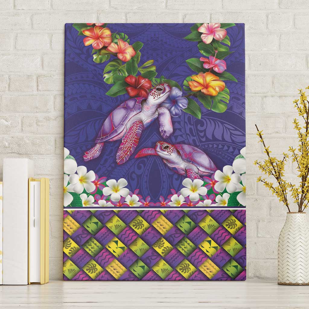 Hawaiian Lei Turtle and Plumeria Canvas Wall Art Polynerian Art Tattoo-Navy Color LT03 Without Frame Navy - Polynesian Pride