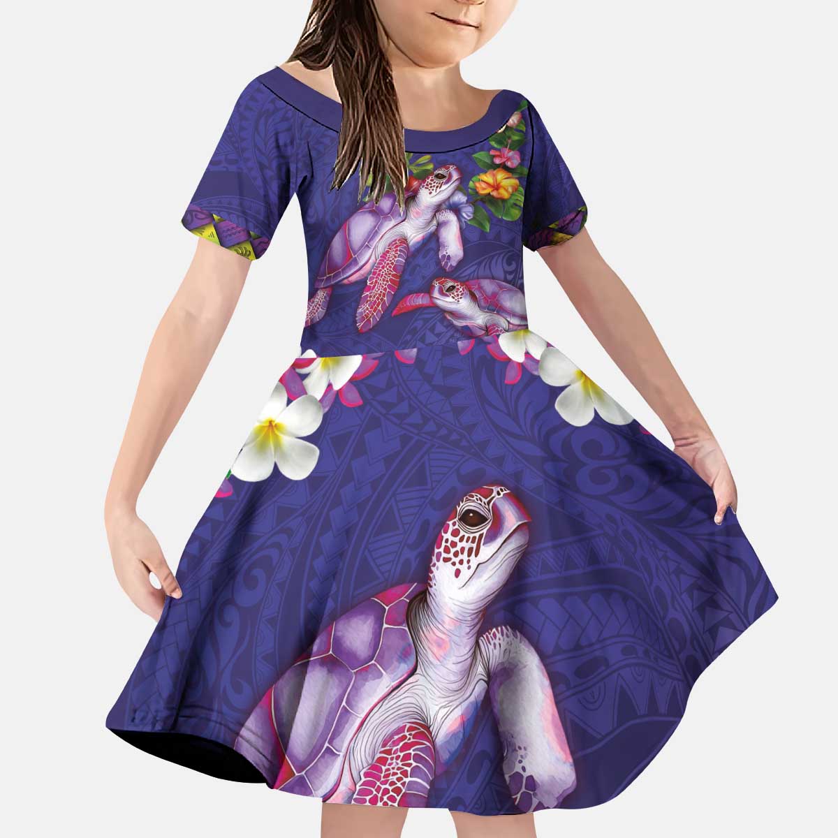 Hawaiian Lei Turtle and Plumeria Kid Short Sleeve Dress Polynerian Art Tattoo-Navy Color LT03 KID Navy - Polynesian Pride