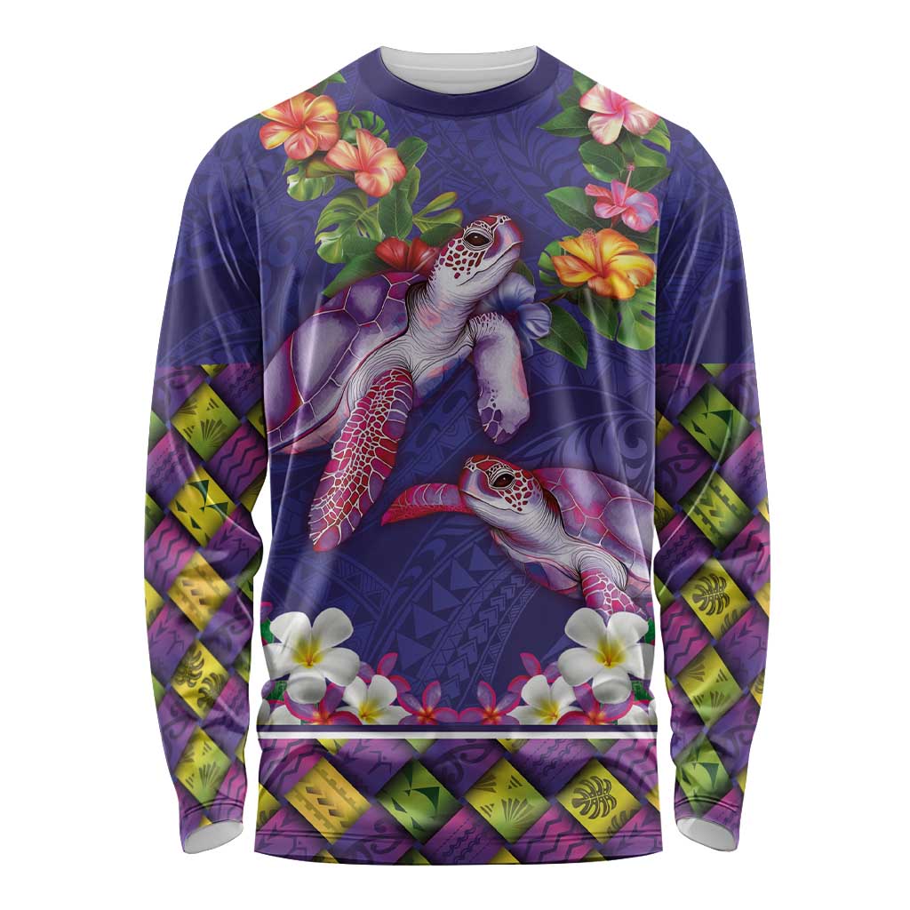 Hawaiian Lei Turtle and Plumeria Long Sleeve Shirt Polynerian Art Tattoo-Navy Color LT03 Unisex Navy - Polynesian Pride