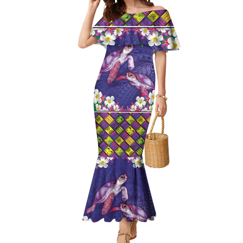 Hawaiian Lei Turtle and Plumeria Mermaid Dress Polynerian Art Tattoo-Navy Color LT03 Women Navy - Polynesian Pride