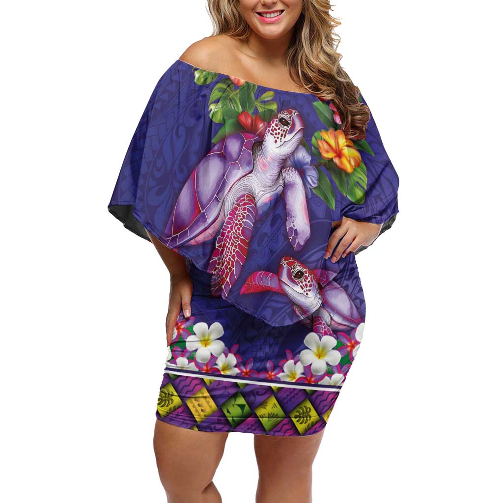Hawaiian Lei Turtle and Plumeria Off Shoulder Short Dress Polynerian Art Tattoo-Navy Color LT03 Women Navy - Polynesian Pride