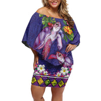 Hawaiian Lei Turtle and Plumeria Off Shoulder Short Dress Polynerian Art Tattoo-Navy Color LT03 Women Navy - Polynesian Pride