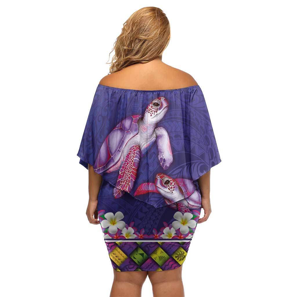 Hawaiian Lei Turtle and Plumeria Off Shoulder Short Dress Polynerian Art Tattoo-Navy Color LT03 - Polynesian Pride