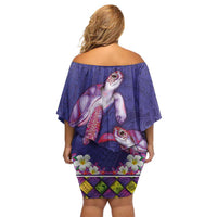 Hawaiian Lei Turtle and Plumeria Off Shoulder Short Dress Polynerian Art Tattoo-Navy Color LT03 - Polynesian Pride