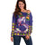 Hawaiian Lei Turtle and Plumeria Off Shoulder Sweater Polynerian Art Tattoo-Navy Color