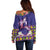 Hawaiian Lei Turtle and Plumeria Off Shoulder Sweater Polynerian Art Tattoo-Navy Color