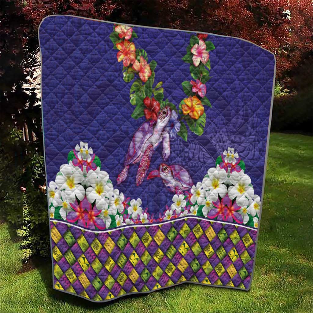 Hawaiian Lei Turtle and Plumeria Quilt Polynerian Art Tattoo-Navy Color LT03 - Polynesian Pride