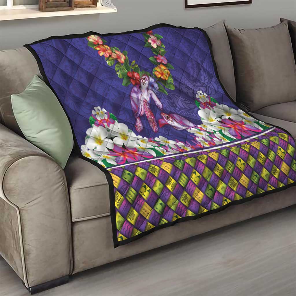 Hawaiian Lei Turtle and Plumeria Quilt Polynerian Art Tattoo-Navy Color LT03 - Polynesian Pride
