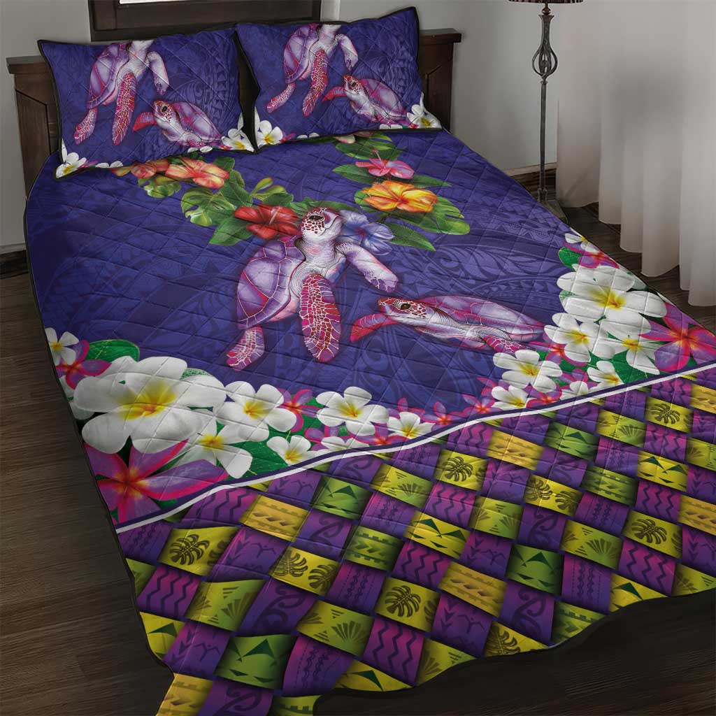 Hawaiian Lei Turtle and Plumeria Quilt Bed Set Polynerian Art Tattoo-Navy Color LT03 Navy - Polynesian Pride