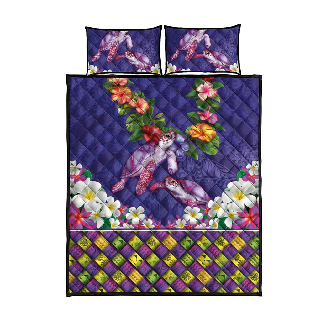 Hawaiian Lei Turtle and Plumeria Quilt Bed Set Polynerian Art Tattoo-Navy Color LT03 - Polynesian Pride
