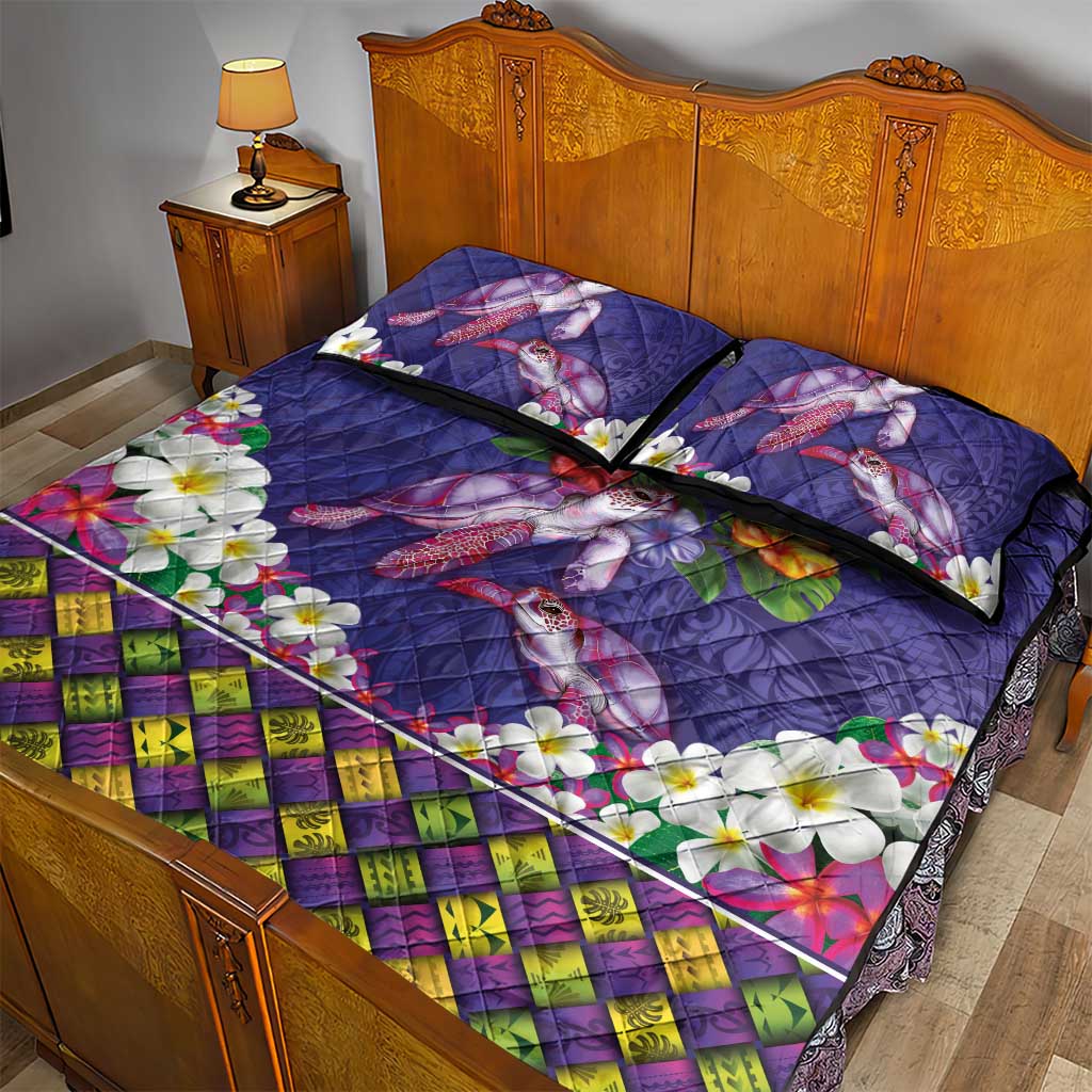Hawaiian Lei Turtle and Plumeria Quilt Bed Set Polynerian Art Tattoo-Navy Color LT03 - Polynesian Pride