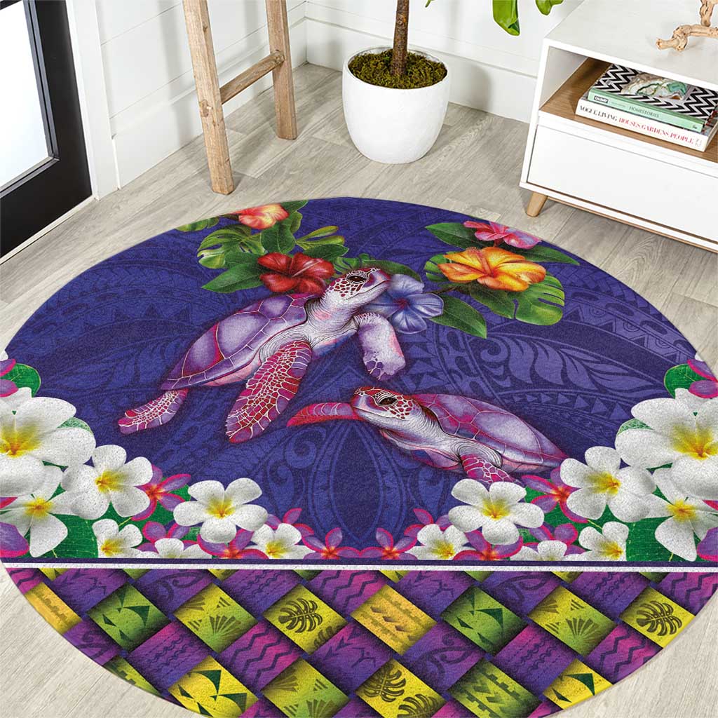 Hawaiian Lei Turtle and Plumeria Round Carpet Polynerian Art Tattoo-Navy Color LT03 Navy - Polynesian Pride