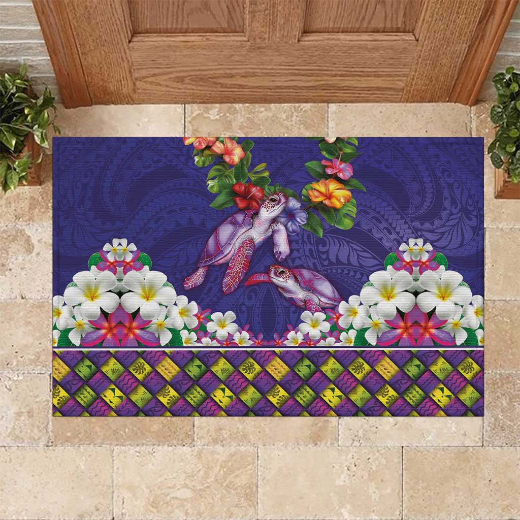Hawaiian Lei Turtle and Plumeria Rubber Doormat Polynerian Art Tattoo-Navy Color LT03 Navy - Polynesian Pride