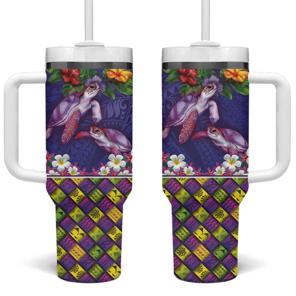 Hawaiian Lei Turtle and Plumeria Tumbler With Handle Polynerian Art Tattoo-Navy Color LT03 One Size: 40 oz Navy - Polynesian Pride