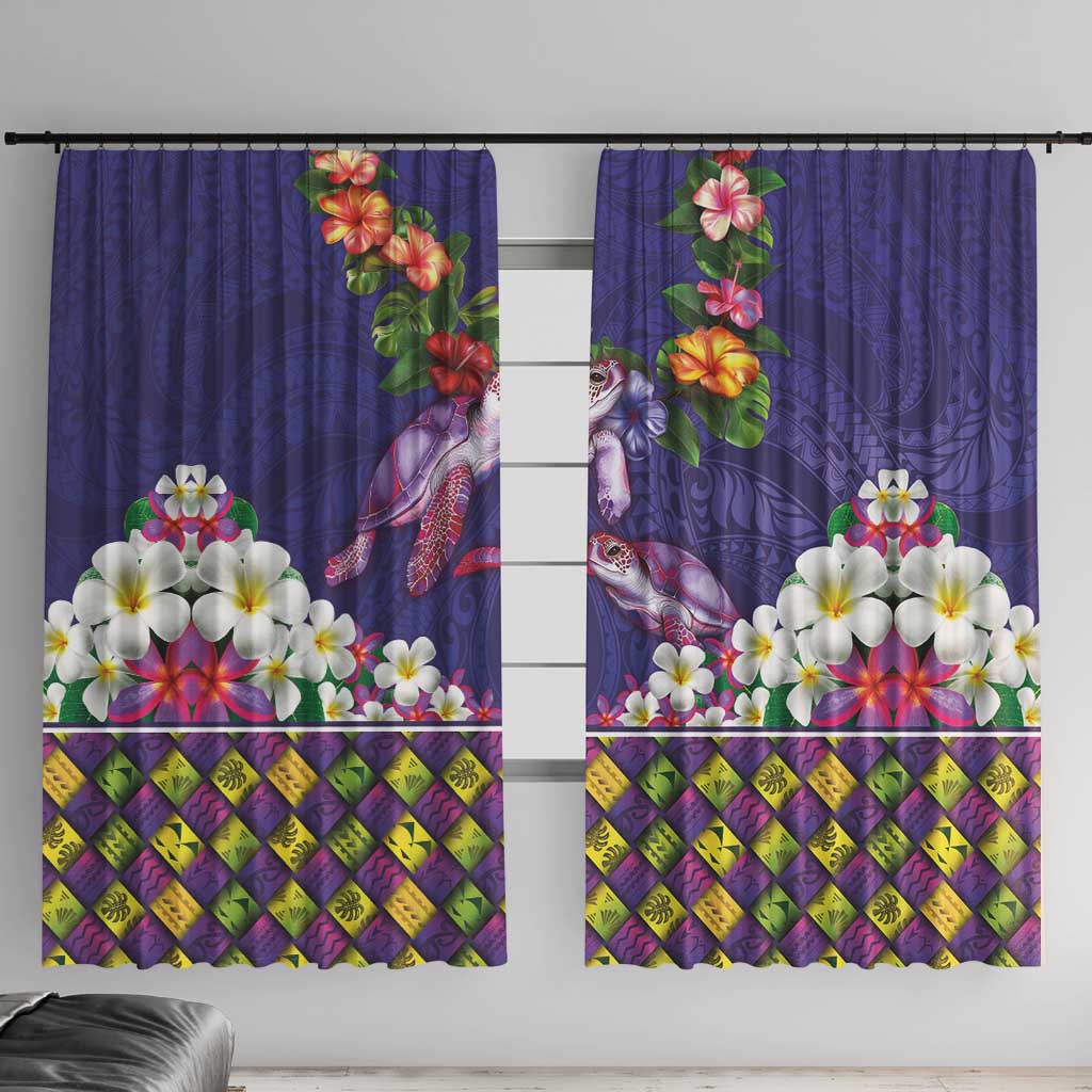 Hawaiian Lei Turtle and Plumeria Window Curtain Polynerian Art Tattoo-Navy Color LT03 With Hooks Navy - Polynesian Pride