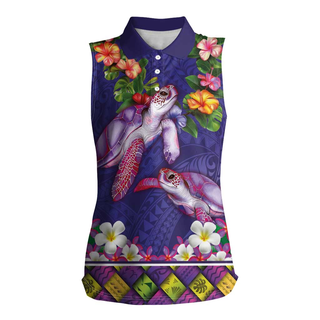 Hawaiian Lei Turtle and Plumeria Women Sleeveless Polo Shirt Polynerian Art Tattoo-Navy Color