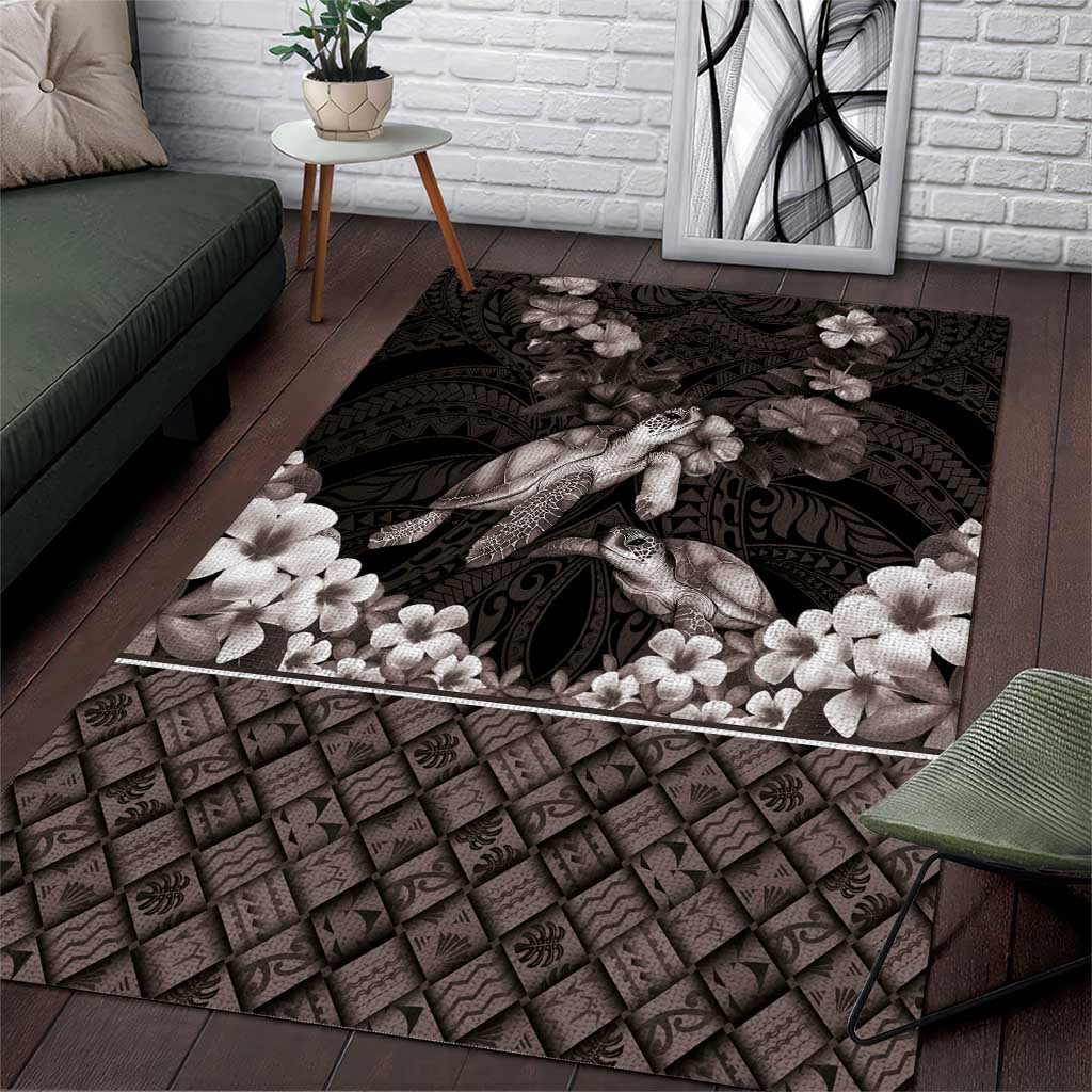 Hawaiian Lei Turtle and Plumeria Area Rug Polynerian Art Tattoo-Grayscale Mode LT03 Black - Polynesian Pride