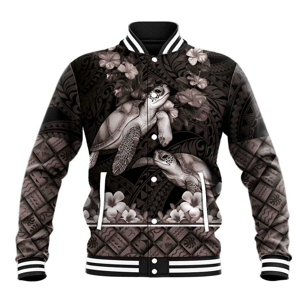 Hawaiian Lei Turtle and Plumeria Baseball Jacket Polynerian Art Tattoo-Grayscale Mode LT03 Unisex Black - Polynesian Pride