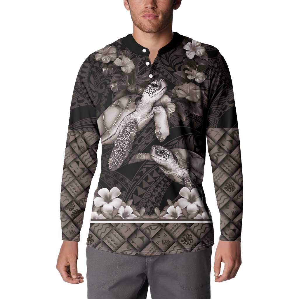 Hawaiian Lei Turtle and Plumeria Button Sweatshirt Polynerian Art Tattoo-Grayscale Mode LT03 - Polynesian Pride