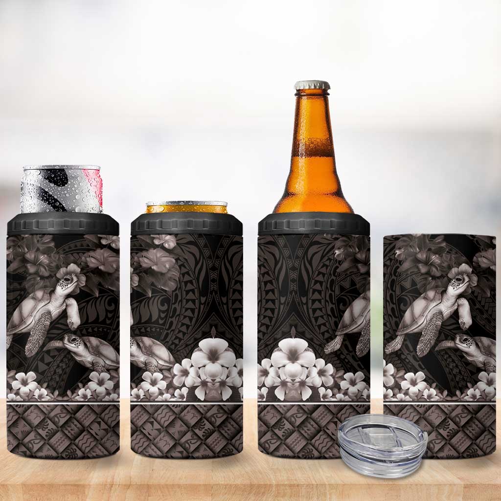 Hawaiian Lei Turtle and Plumeria 4 in 1 Can Cooler Tumbler Polynerian Art Tattoo-Grayscale Mode LT03 - Polynesian Pride