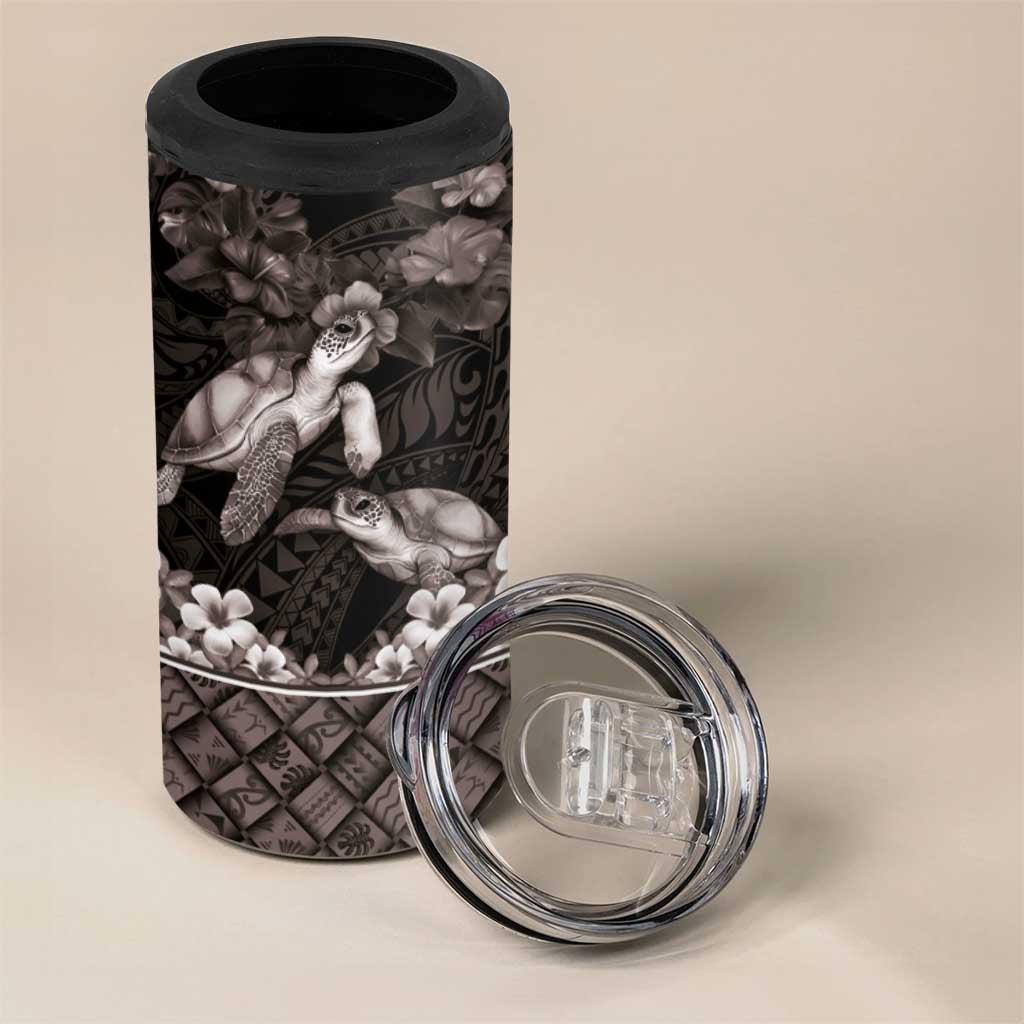 Hawaiian Lei Turtle and Plumeria 4 in 1 Can Cooler Tumbler Polynerian Art Tattoo-Grayscale Mode LT03 - Polynesian Pride