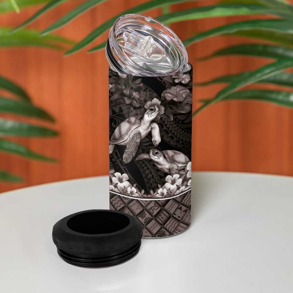 Hawaiian Lei Turtle and Plumeria 4 in 1 Can Cooler Tumbler Polynerian Art Tattoo-Grayscale Mode LT03 - Polynesian Pride
