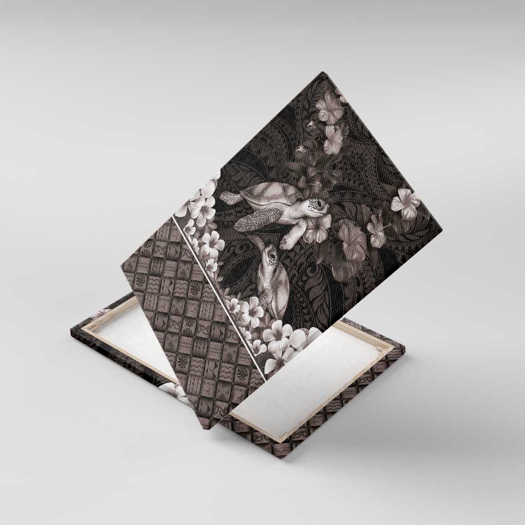 Hawaiian Lei Turtle and Plumeria Canvas Wall Art Polynerian Art Tattoo-Grayscale Mode LT03 With Frame Black - Polynesian Pride