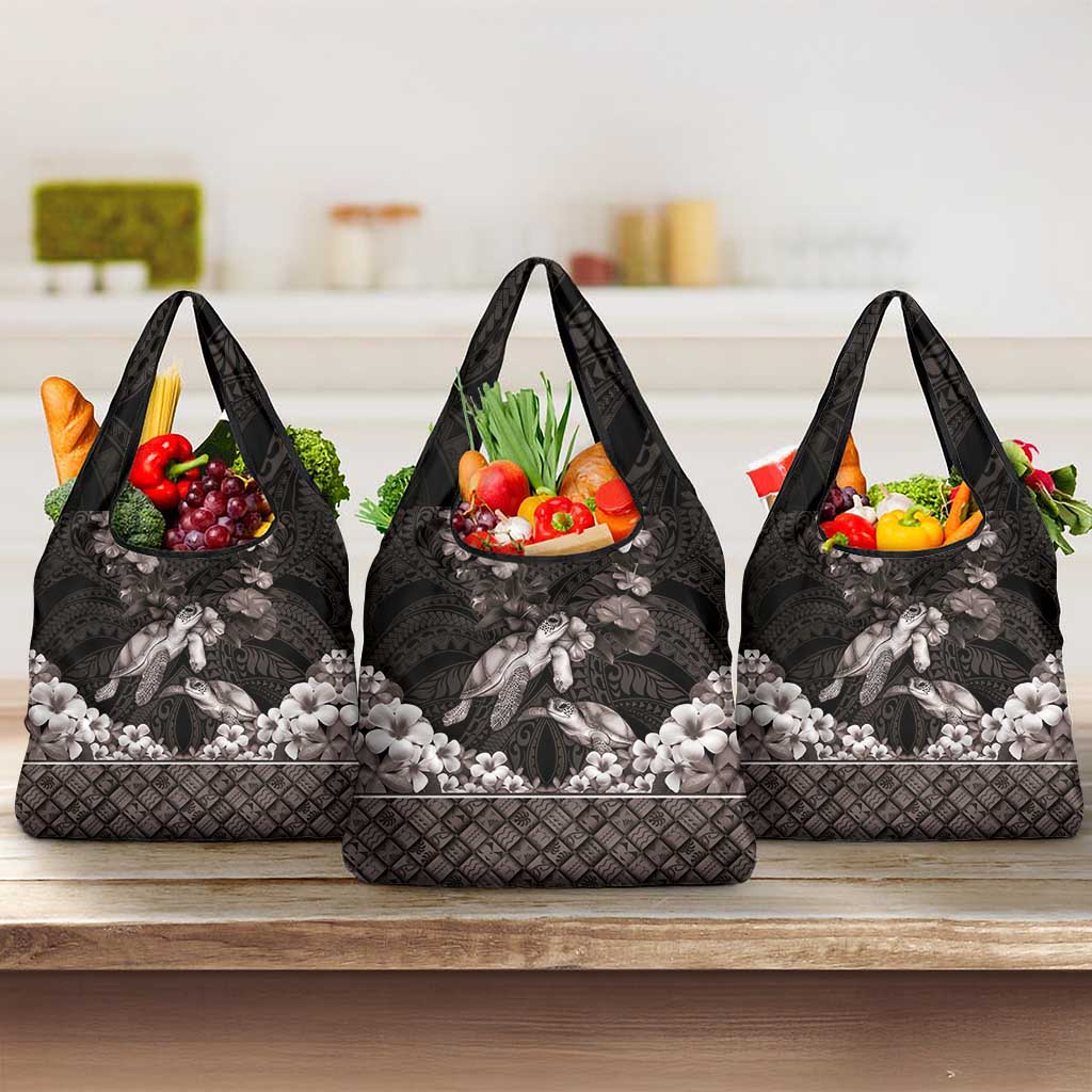 Hawaiian Lei Turtle and Plumeria Grocery Bag Polynerian Art Tattoo-Grayscale Mode LT03 3-pack One Size Black - Polynesian Pride