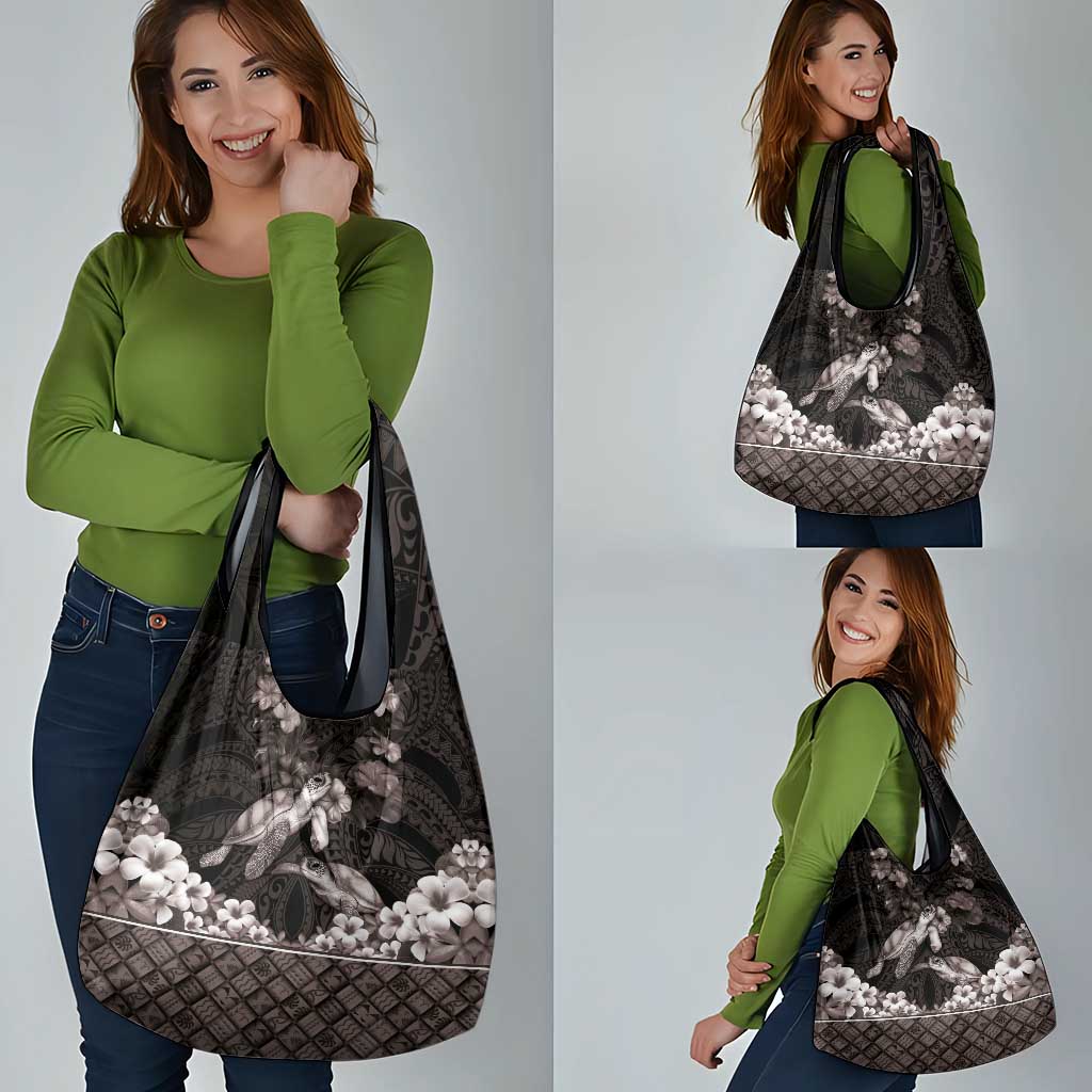 Hawaiian Lei Turtle and Plumeria Grocery Bag Polynerian Art Tattoo-Grayscale Mode LT03 - Polynesian Pride