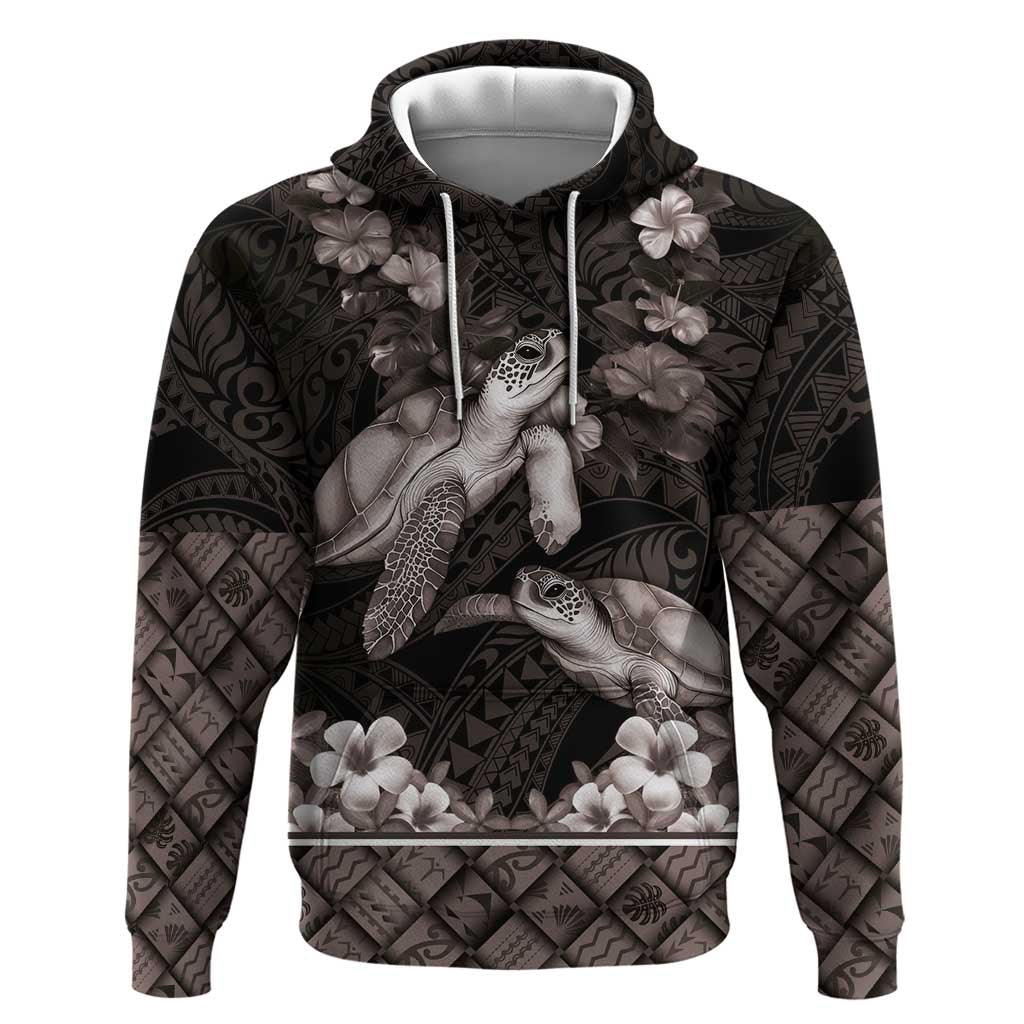 Hawaiian Lei Turtle and Plumeria Hoodie Polynerian Art Tattoo-Grayscale Mode LT03 Pullover Hoodie Black - Polynesian Pride