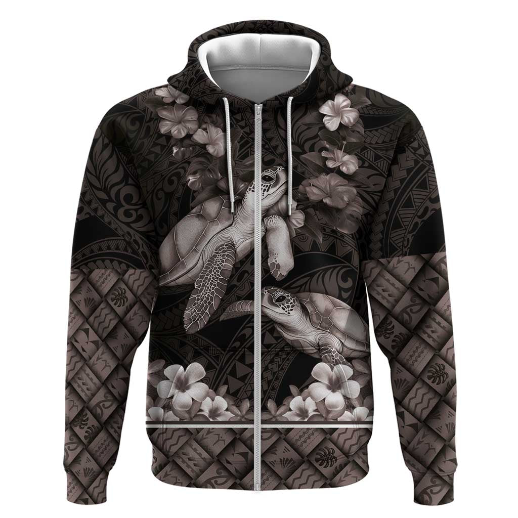 Hawaiian Lei Turtle and Plumeria Hoodie Polynerian Art Tattoo-Grayscale Mode LT03 Zip Hoodie Black - Polynesian Pride