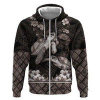 Hawaiian Lei Turtle and Plumeria Hoodie Polynerian Art Tattoo-Grayscale Mode LT03 Zip Hoodie Black - Polynesian Pride